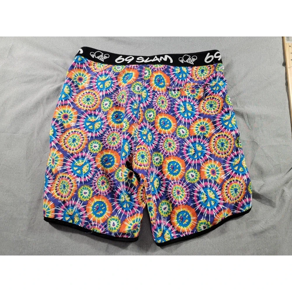 69 Slam Board‎ Shorts 34x8 70's Peace Sign, Hippie, Swim, Beach, Surf, Pool
